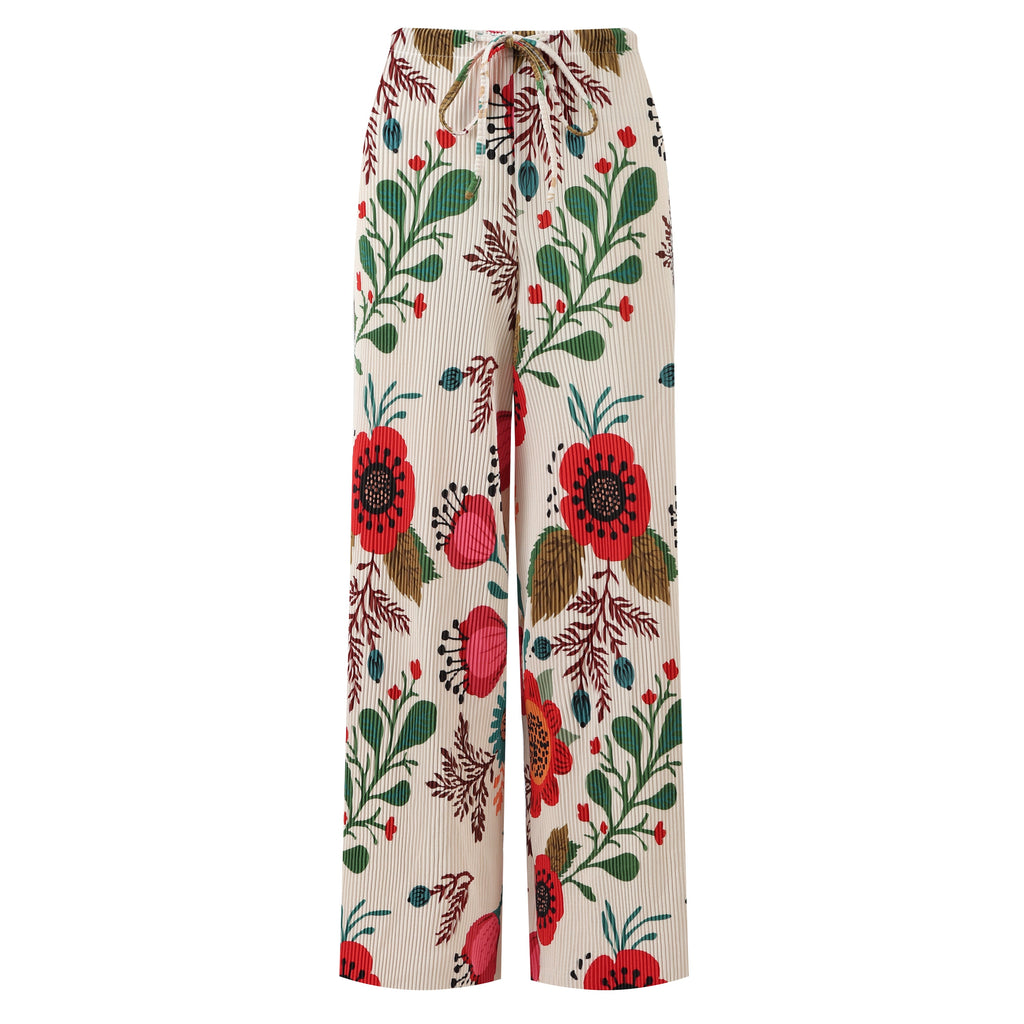 Flower Floral Print Abstract Print Wide-Leg Drawstring Palazzo Pleated Pants