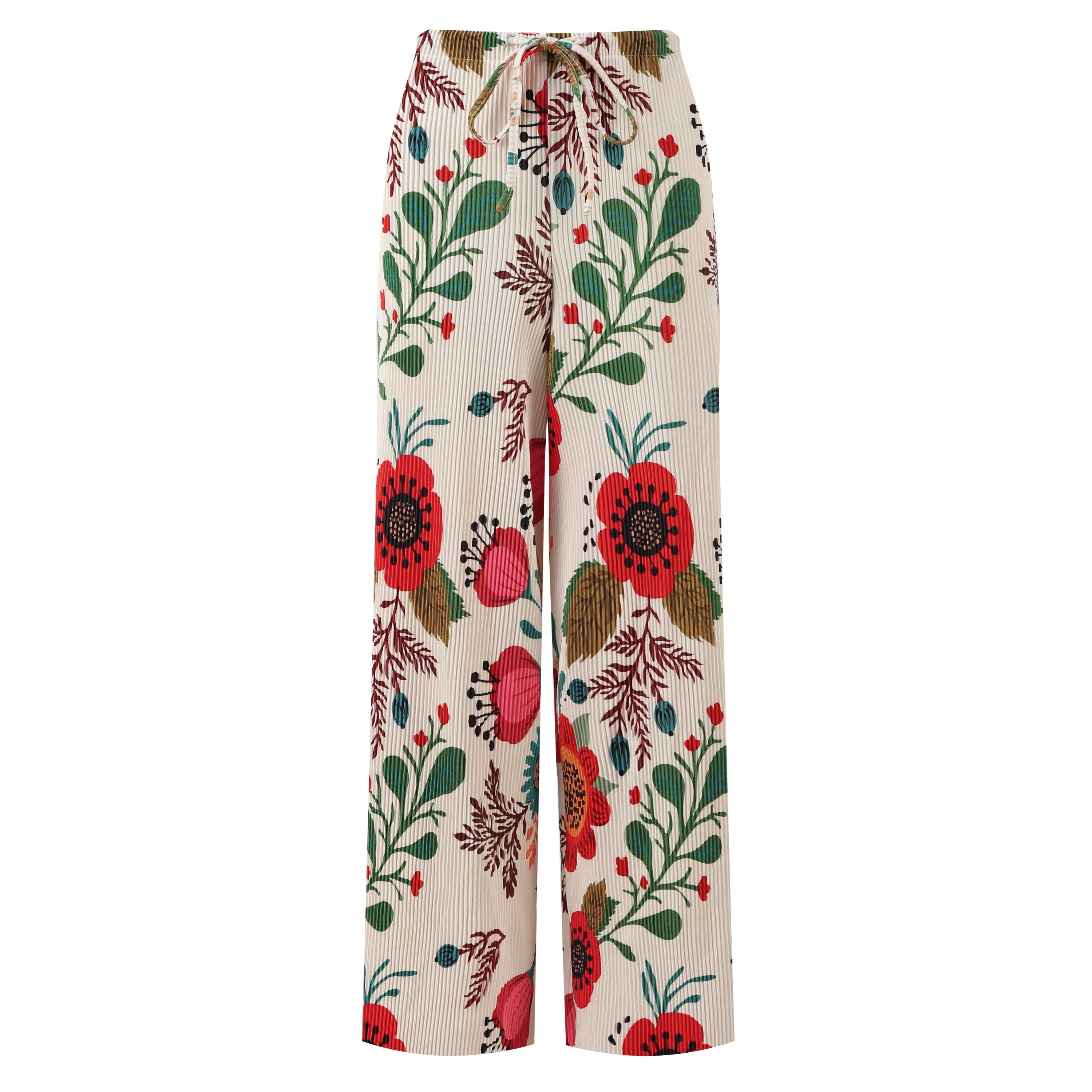 Flower Floral Print Abstract Print Wide-Leg Drawstring Palazzo Pleated Pants