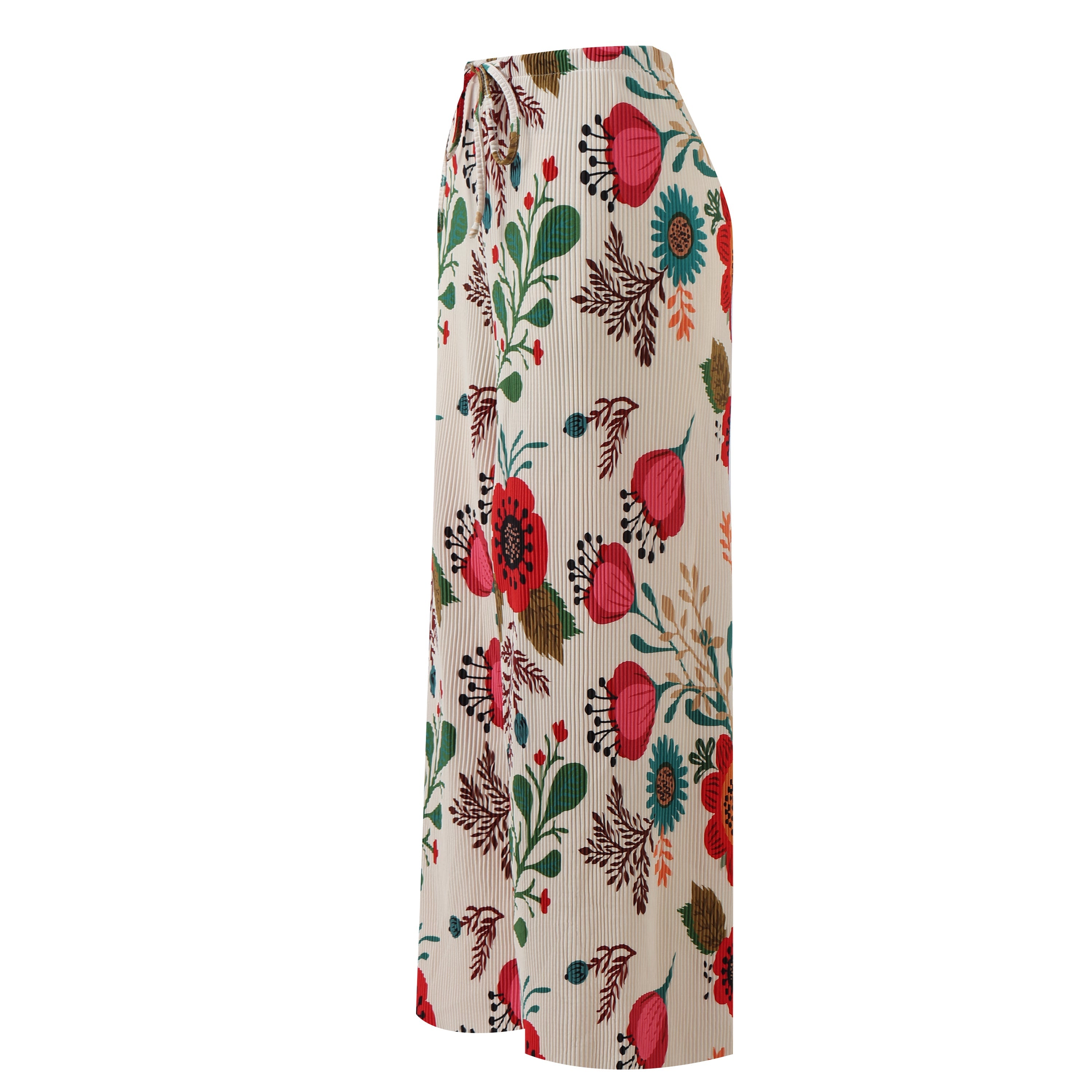 Flower Floral Print Abstract Print Wide-Leg Drawstring Palazzo Pleated Pants