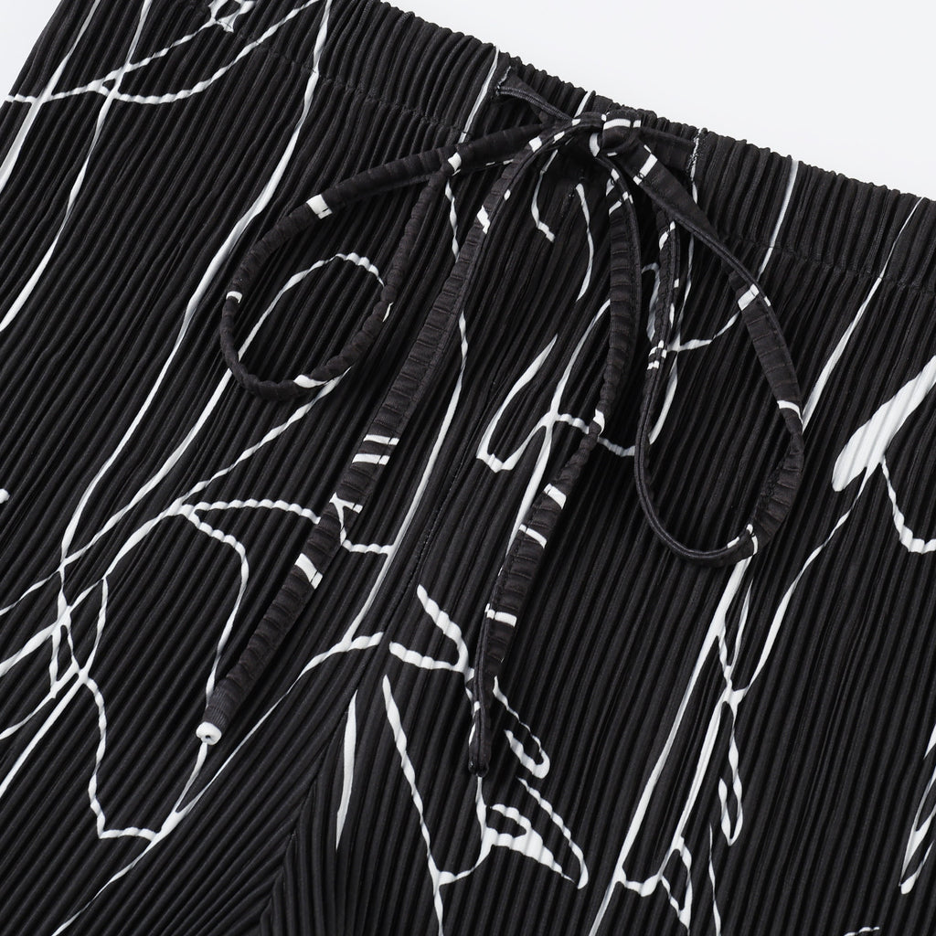 Black Line Art Abstract Print Wide-Leg Drawstring Palazzo Pleated Pants