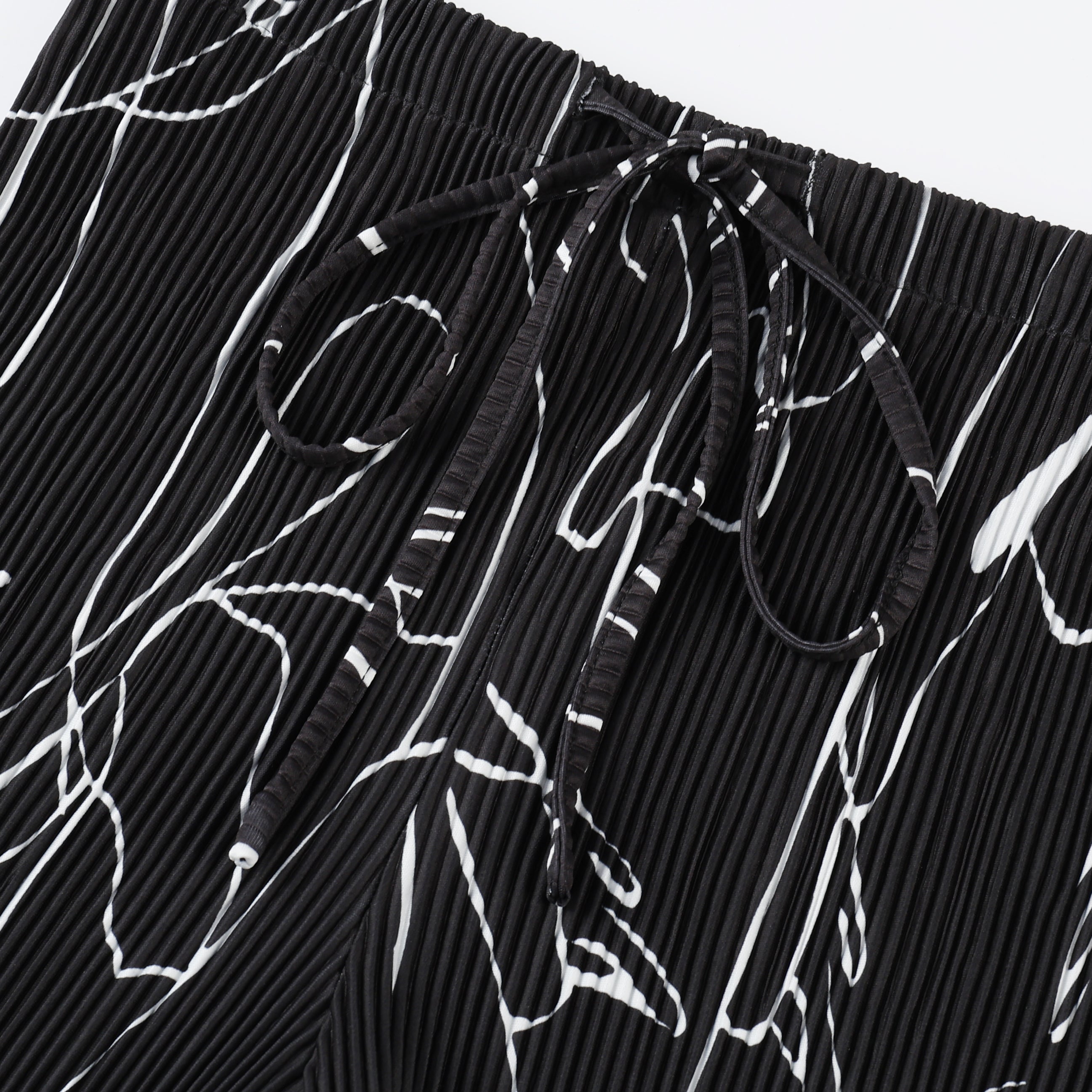 Black Line Art Abstract Print Wide-Leg Drawstring Palazzo Pleated Pants