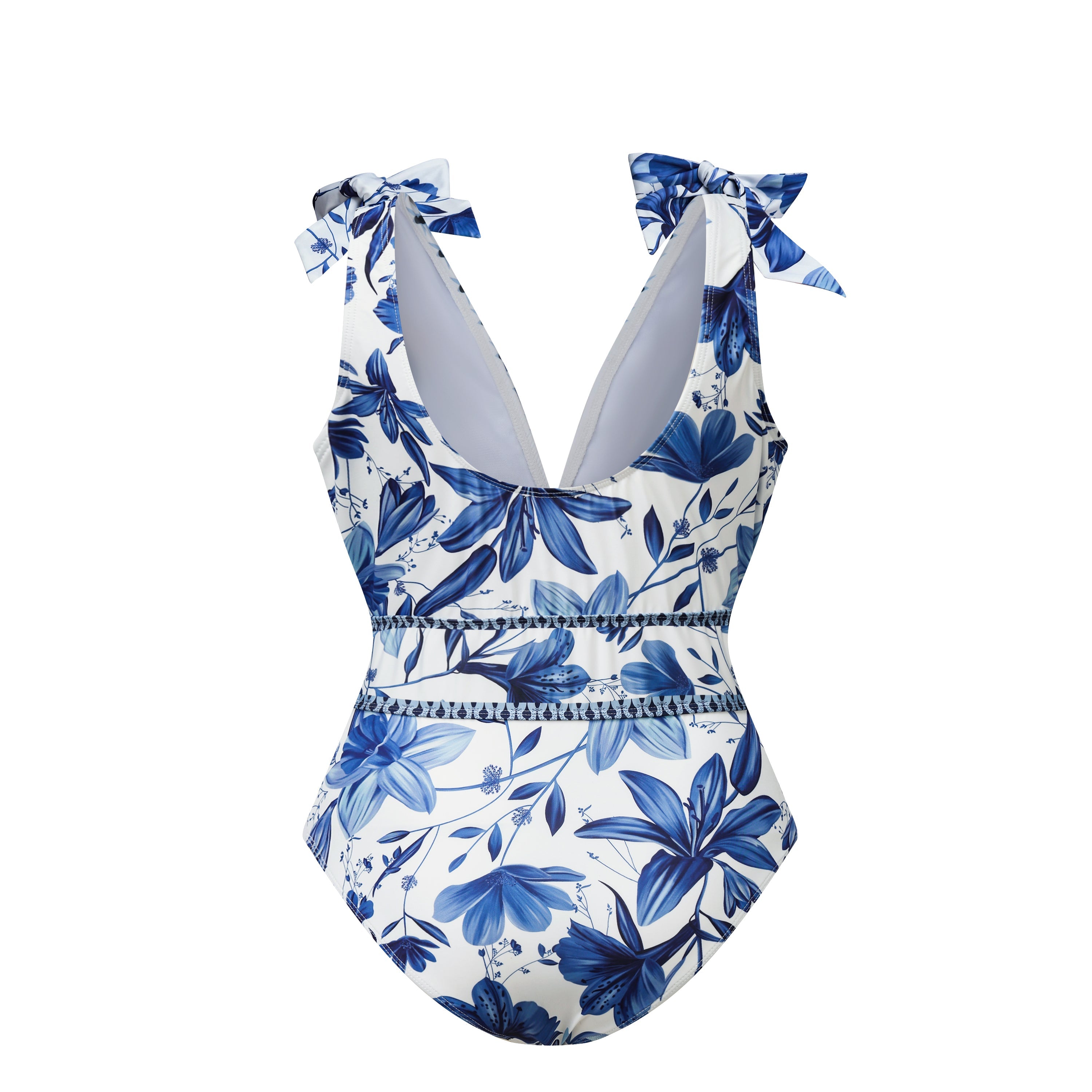 V Neck Lace Up Boho Breeze Blue Floral Swimsuit&Skirt