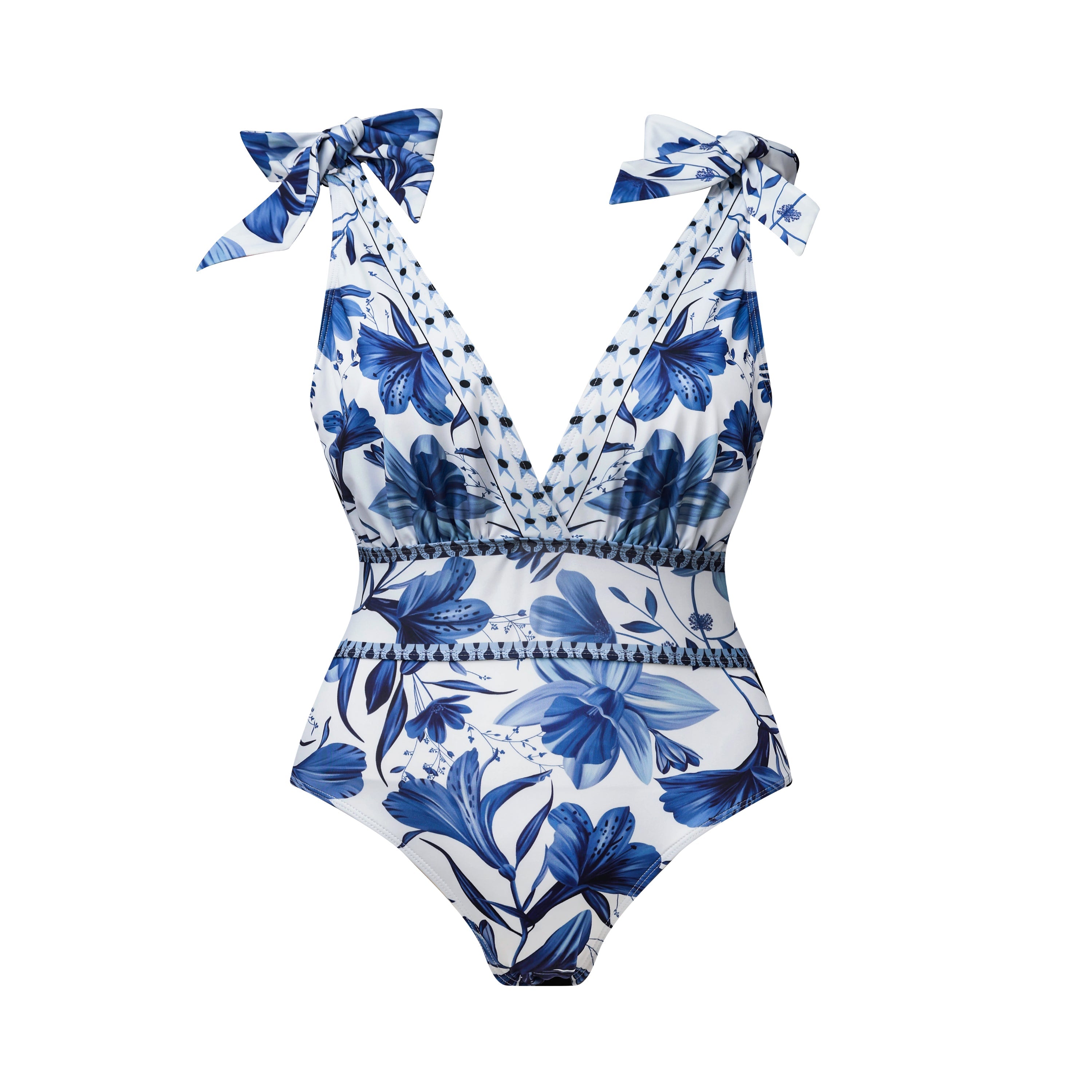 V Neck Lace Up Boho Breeze Blue Floral Swimsuit&Skirt