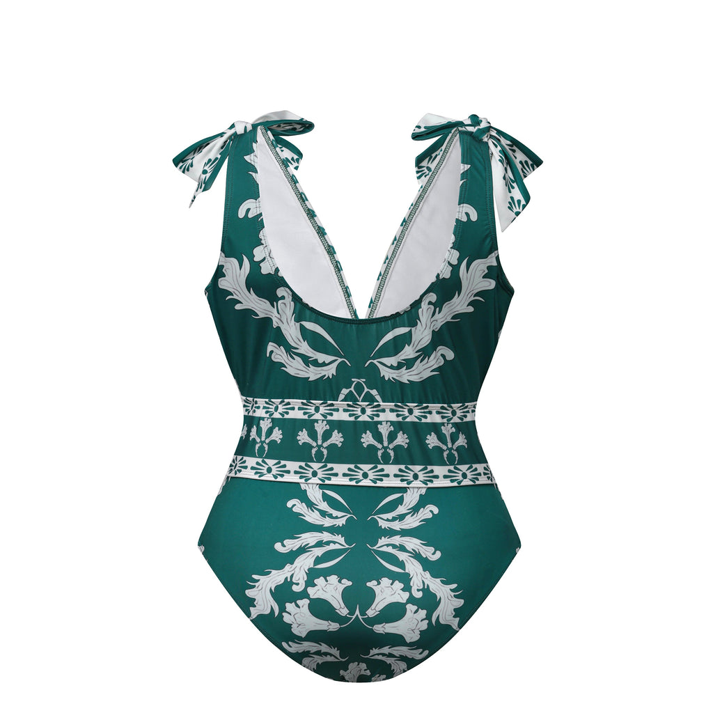 Green Flowy Floral Tie-shoulder Swimsuit&Skirt