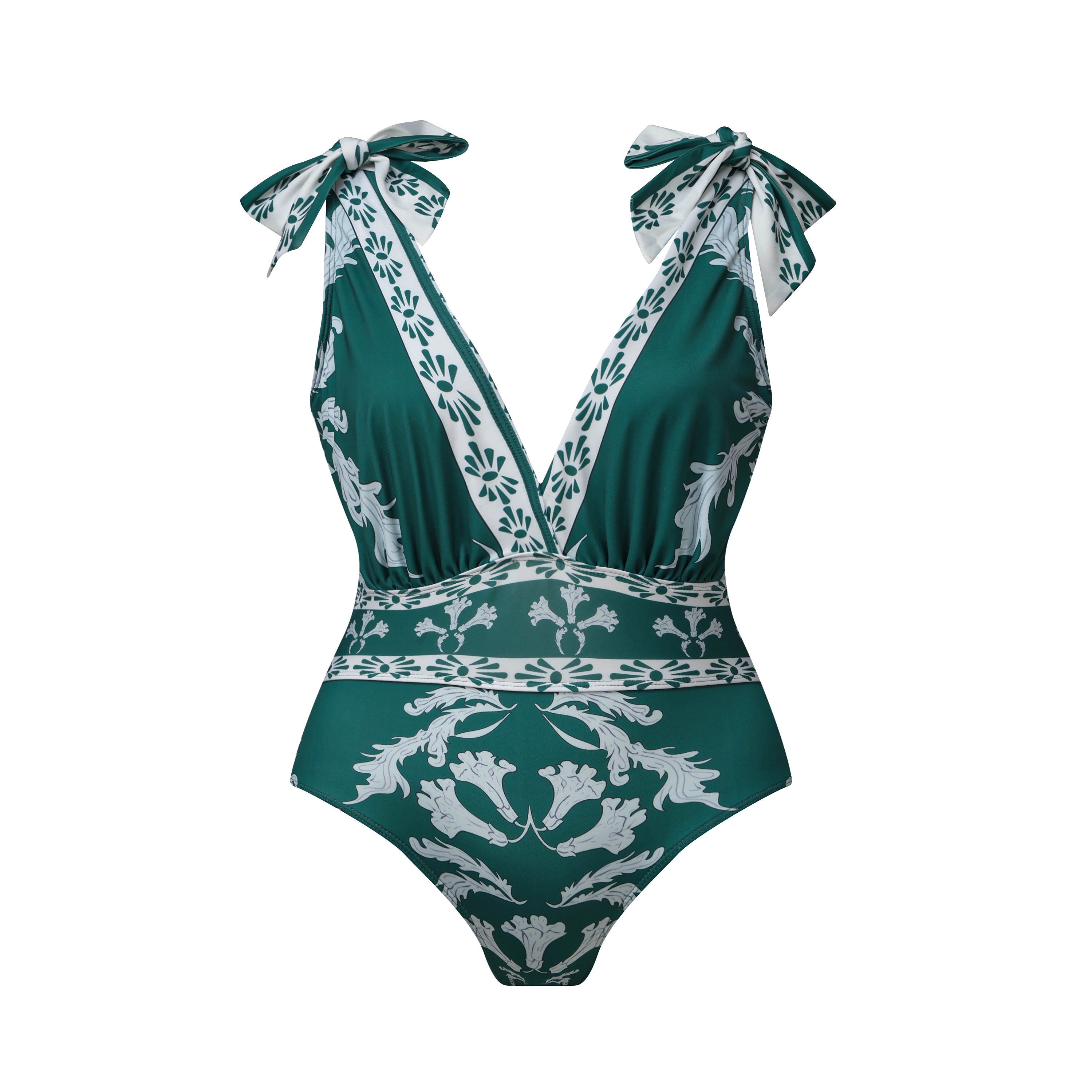 Green Flowy Floral Tie-shoulder Swimsuit&Skirt