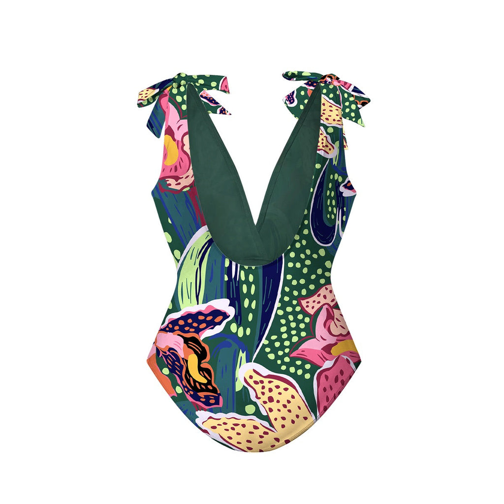 Green Parrot Tropical Exotic Flower Motifs One-Piece Swimsuit&Skirt