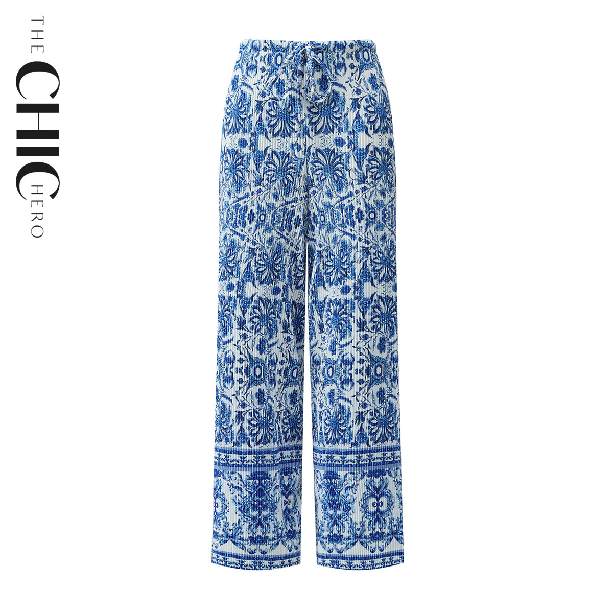 Blue Boho Pattern V-Neck Vest Top & Pleated Pants