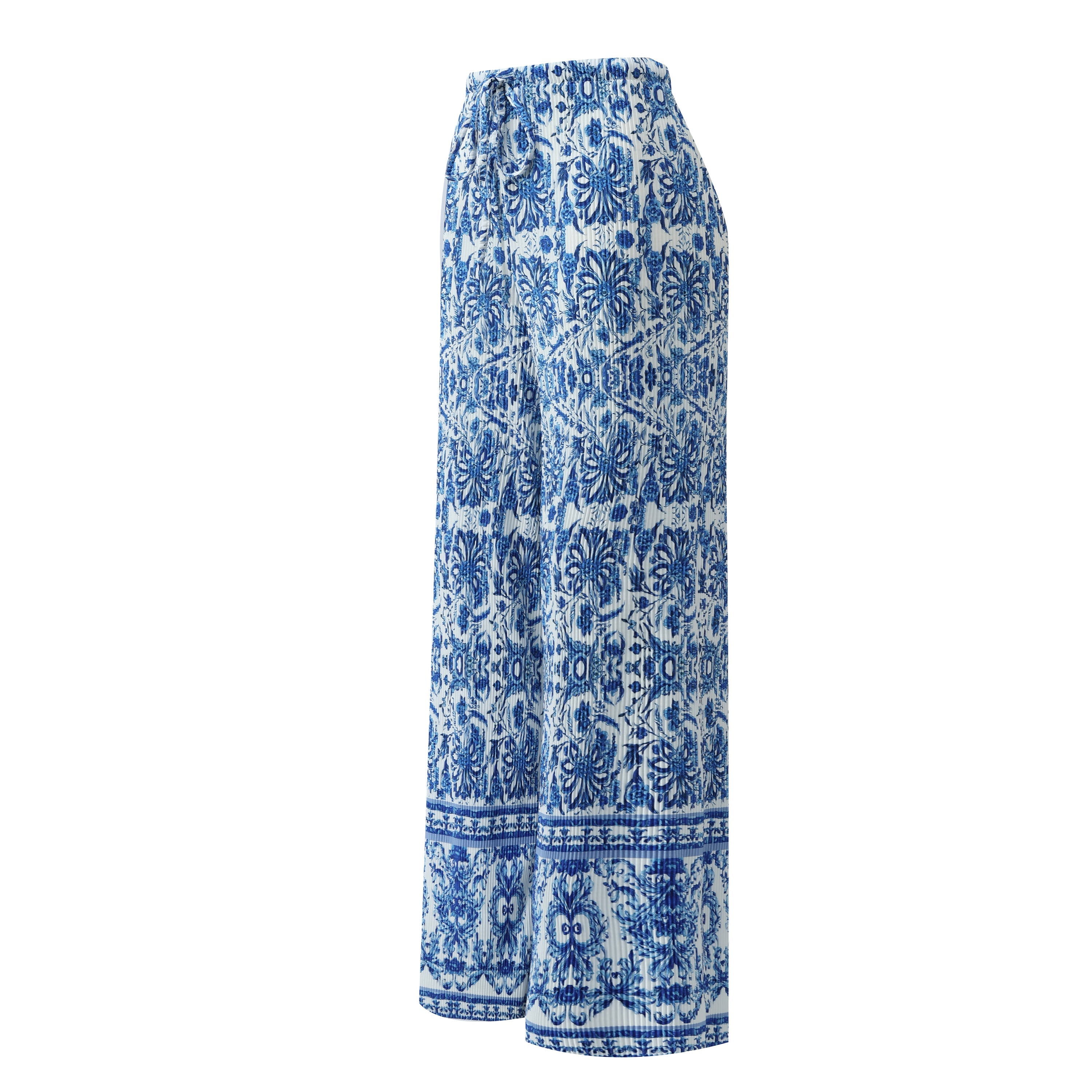 Blue Boho Pattern V-Neck Vest Top & Pleated Pants