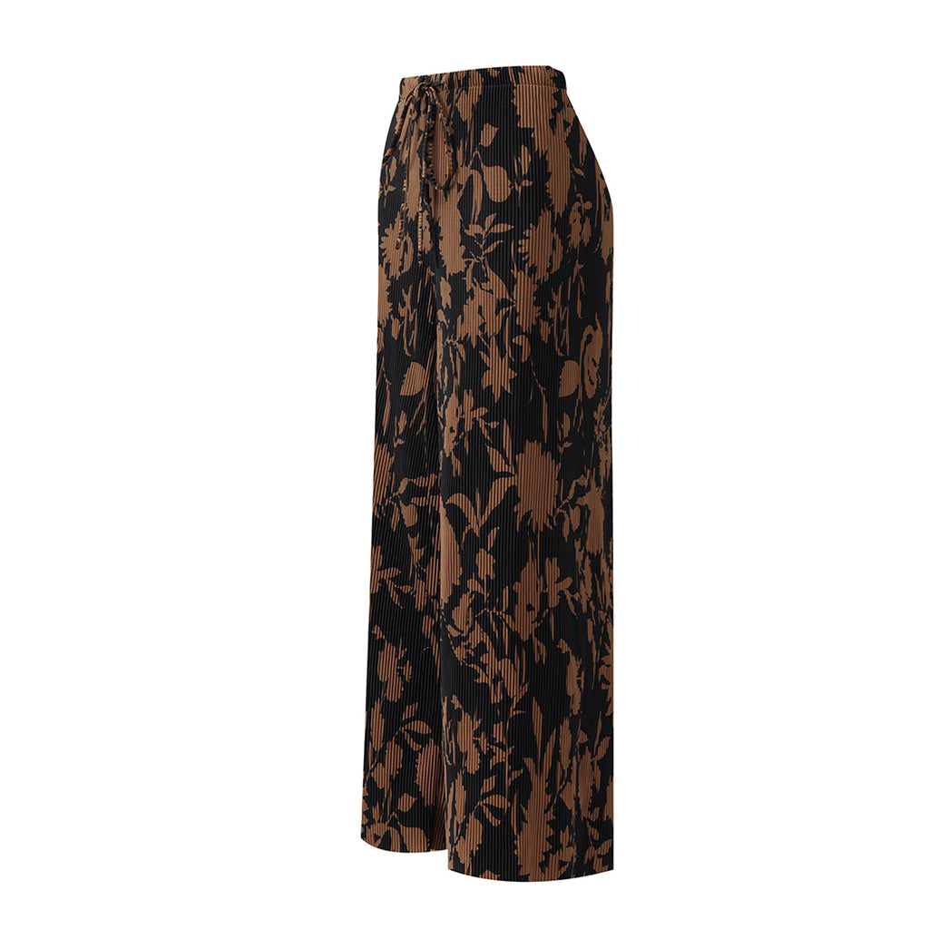 Vintage Brown Maple Leaf Pattern V-Neck Vest Top & Pleated Pants