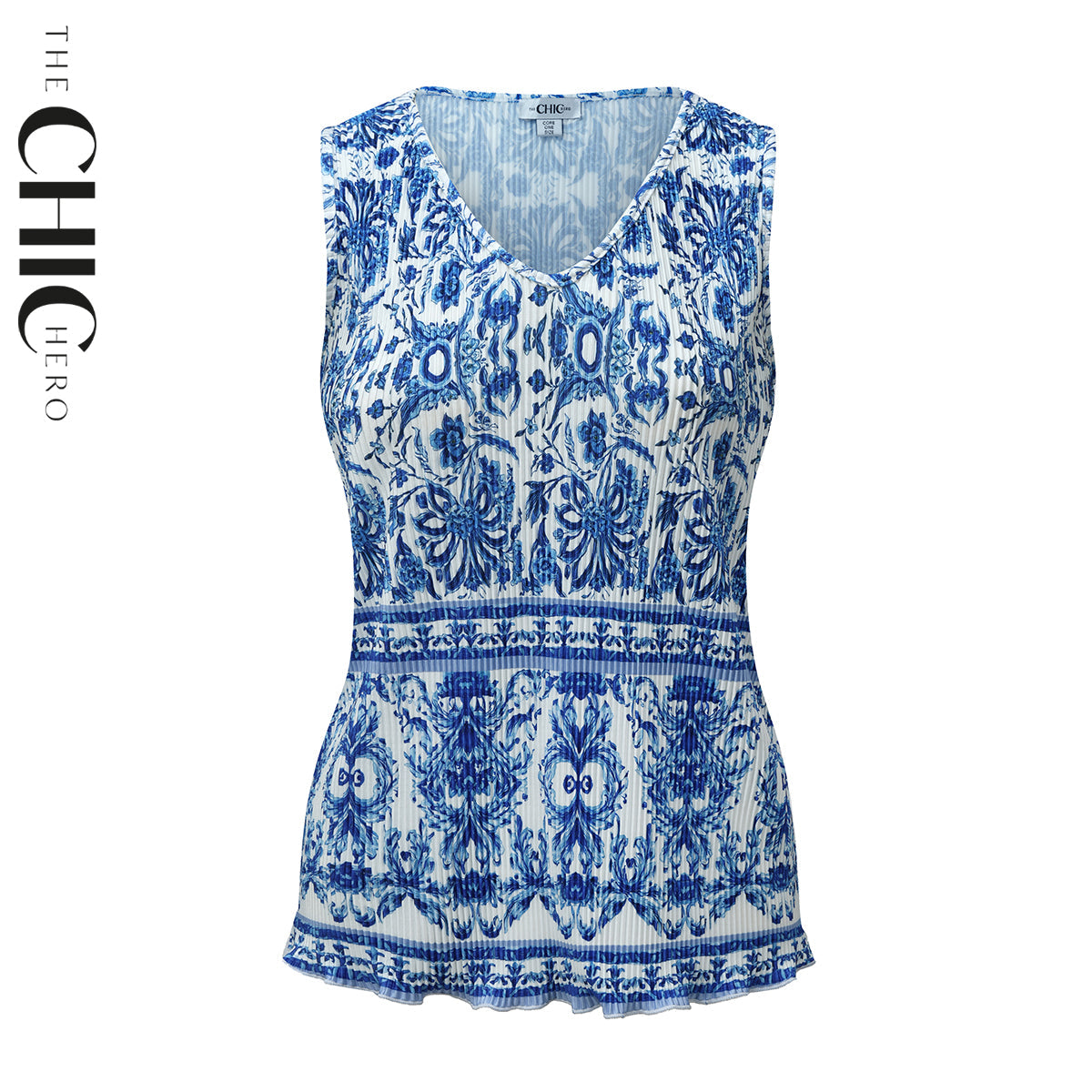 Blue Boho Pattern V-Neck Vest Top & Pleated Pants