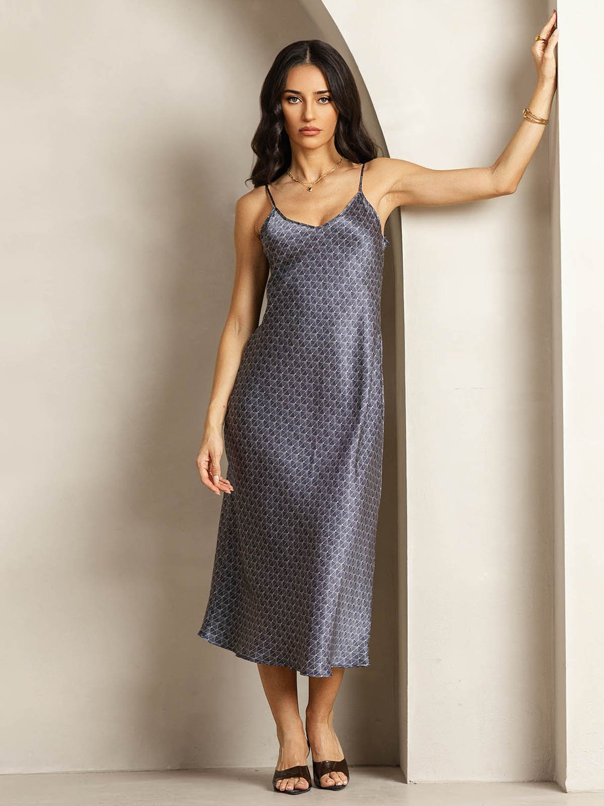19Momme Silk V Neck Adjustable Strap Midi Dress