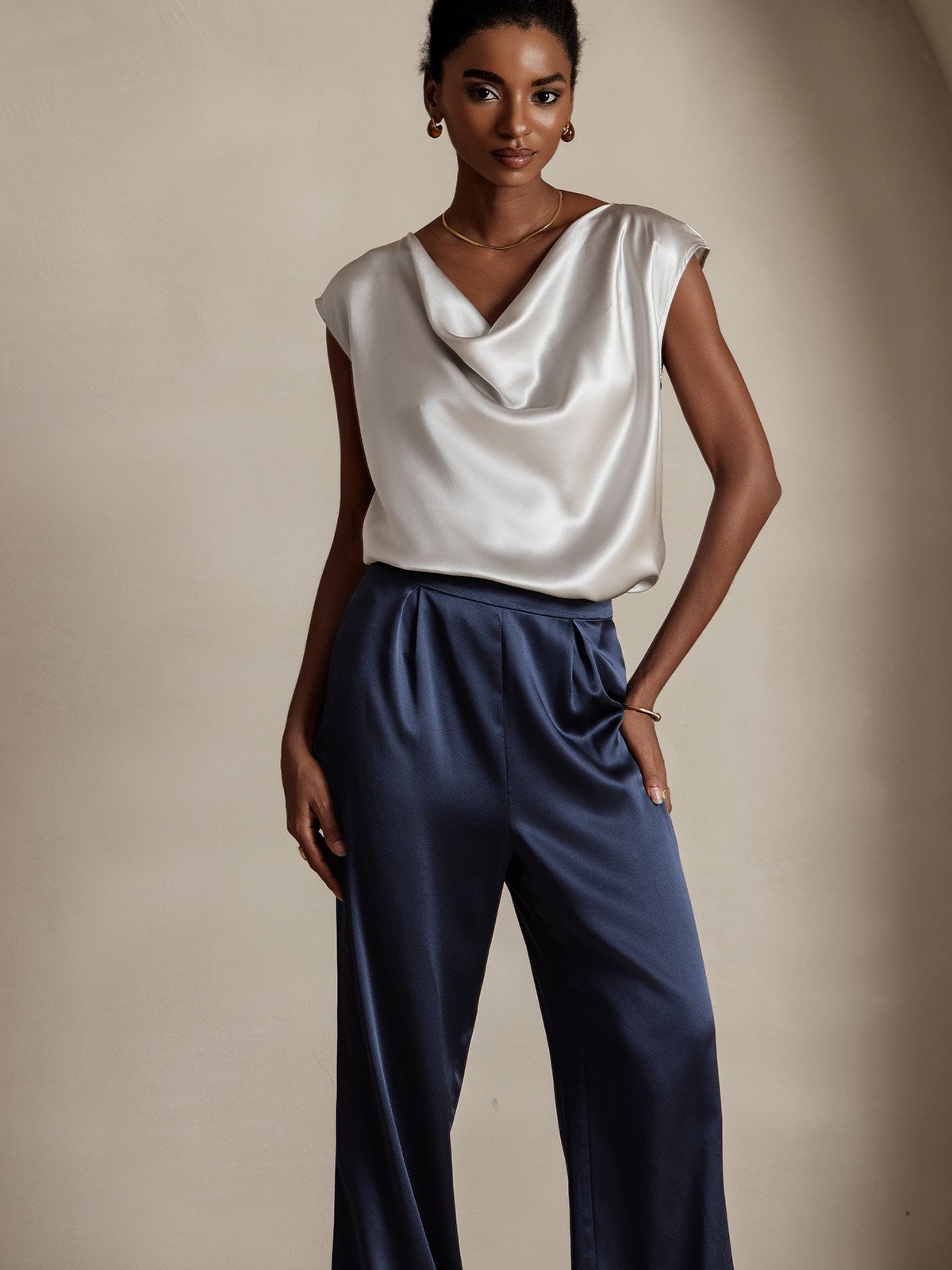 19Momme Silk Cap Sleeve Cowl Neck Tank Top/Blouse