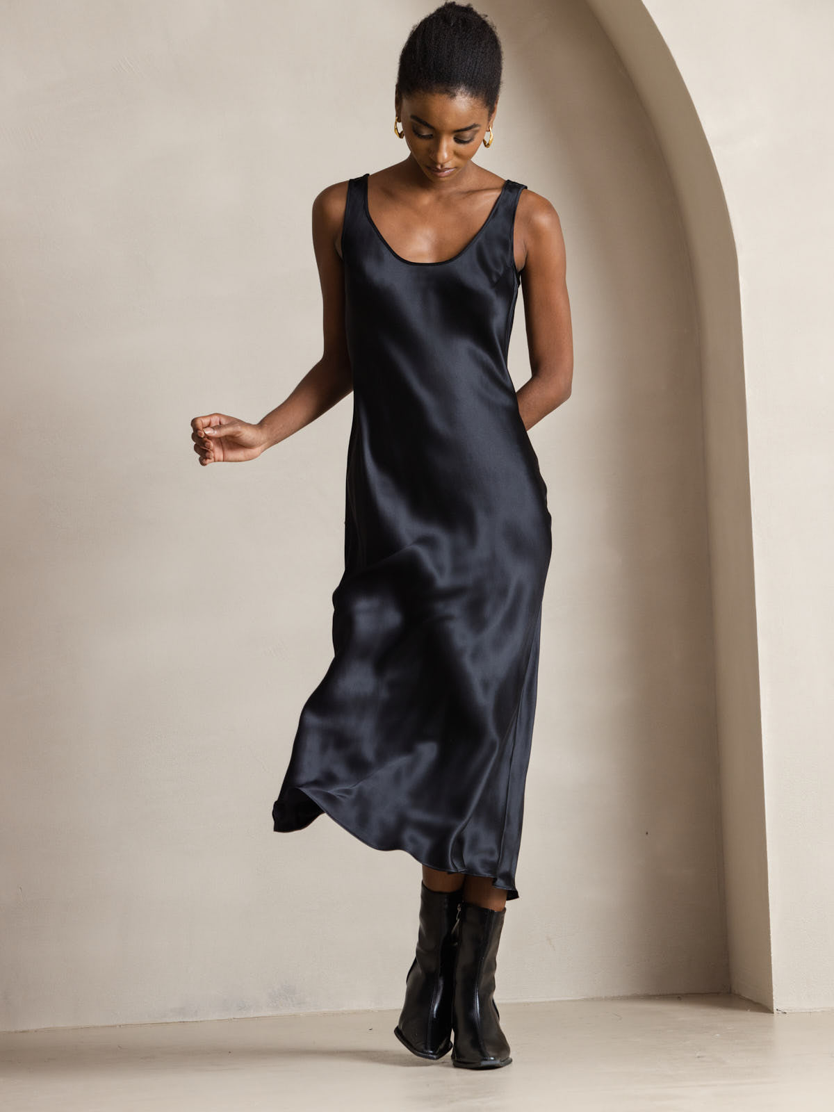 Pure Silk Wide Strap Sleeveless Long Dress