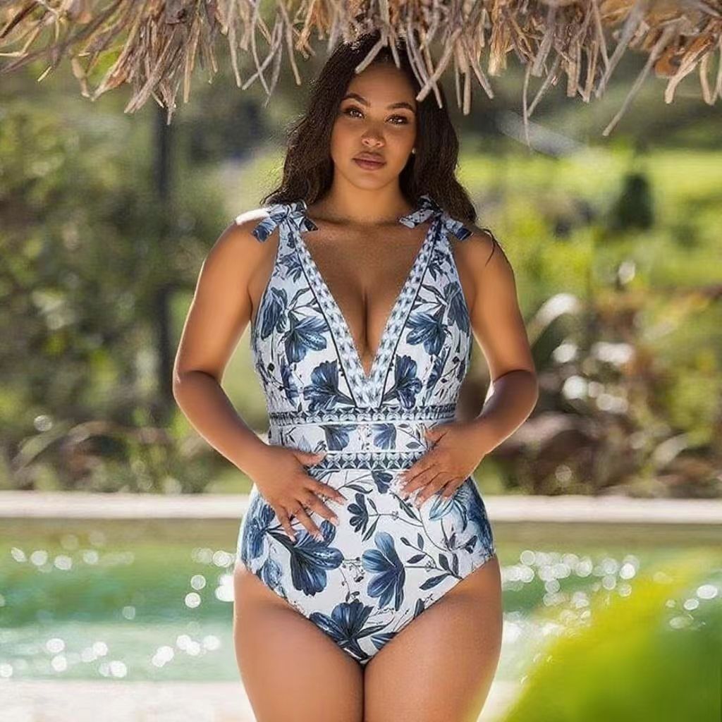 V Neck Lace Up Boho Breeze Blue Floral Swimsuit&Skirt