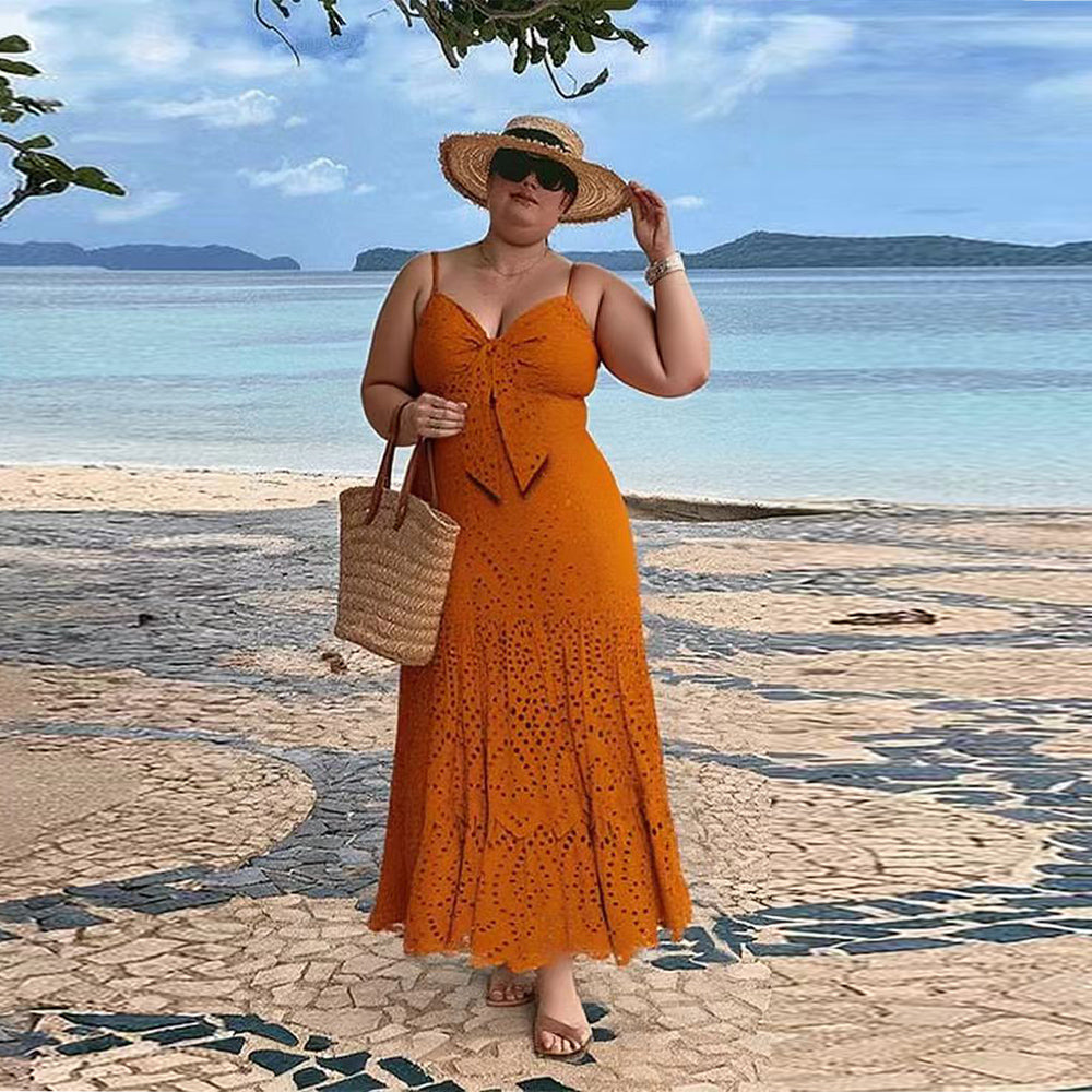 Orange Petal Hollow One-Piece Swimsuit&Skirt