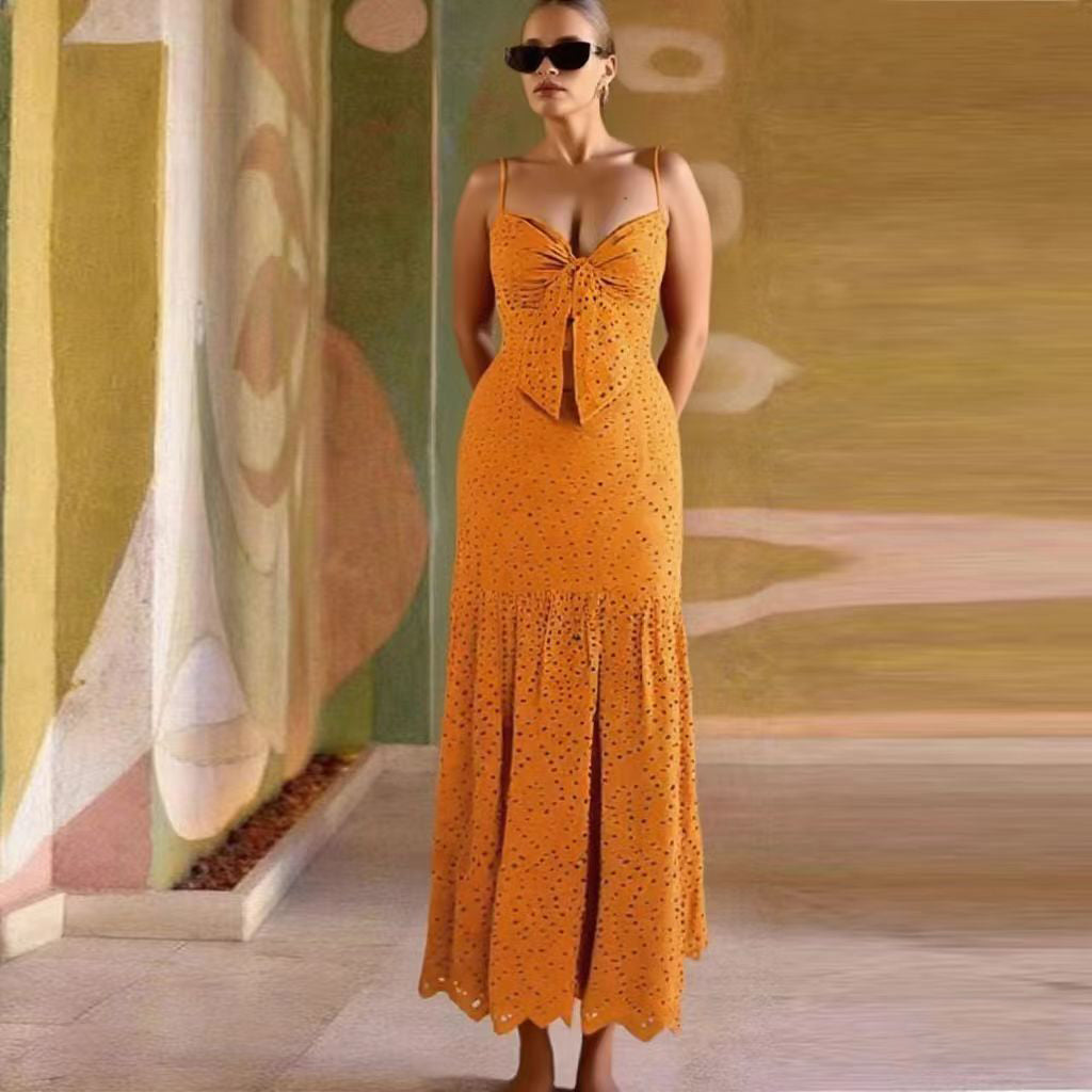 Orange Petal Hollow One-Piece Swimsuit&Skirt
