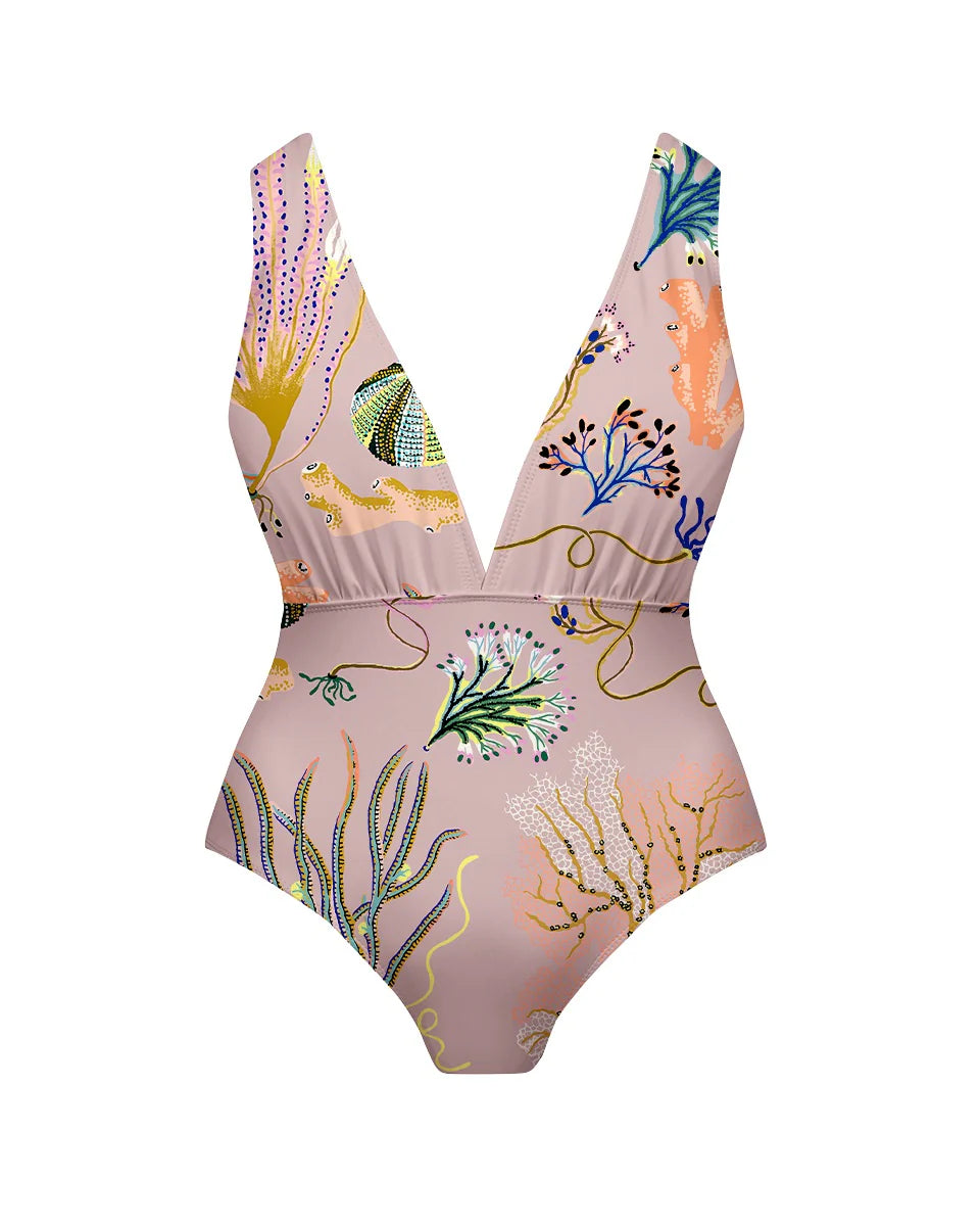 Sea-Inspired Tropical Reef Print One-Piece Swimsuit&Skirt