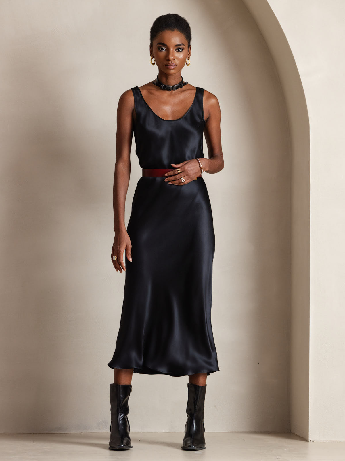 Pure Silk Wide Strap Sleeveless Long Dress