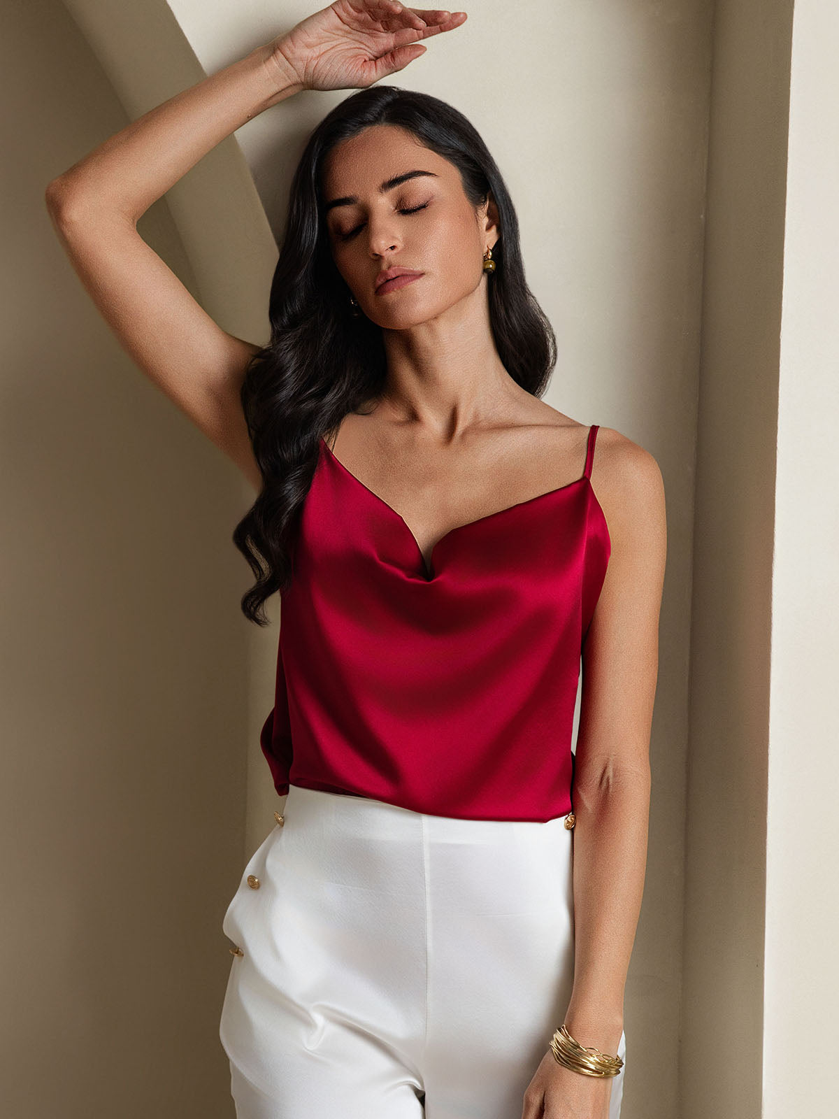 19Momme Silk Cowl Neck Spaghetti Strap Camisole Top