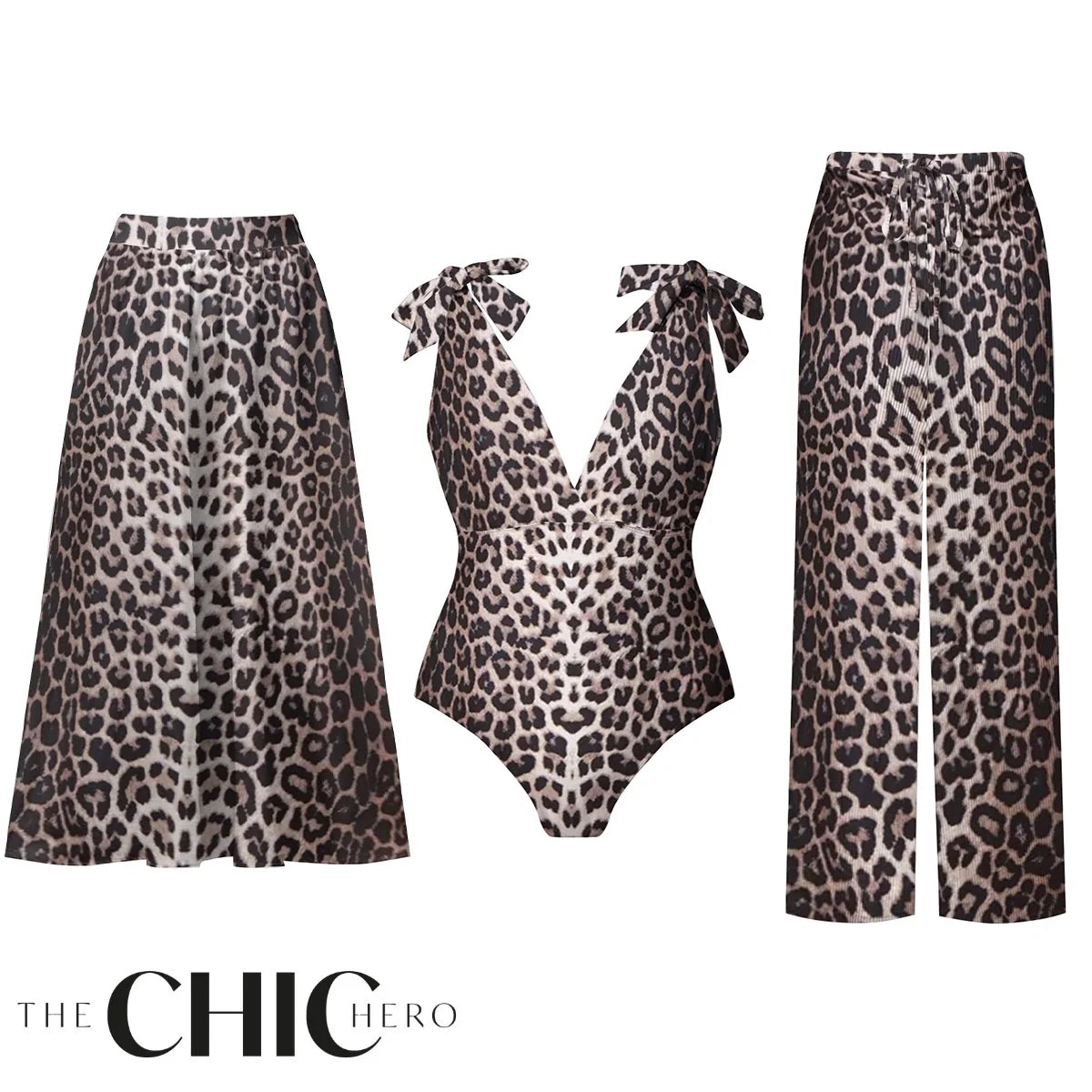 V Neck Lace Up Vintage Leopard Print Swimsuit&Skirt&Pants