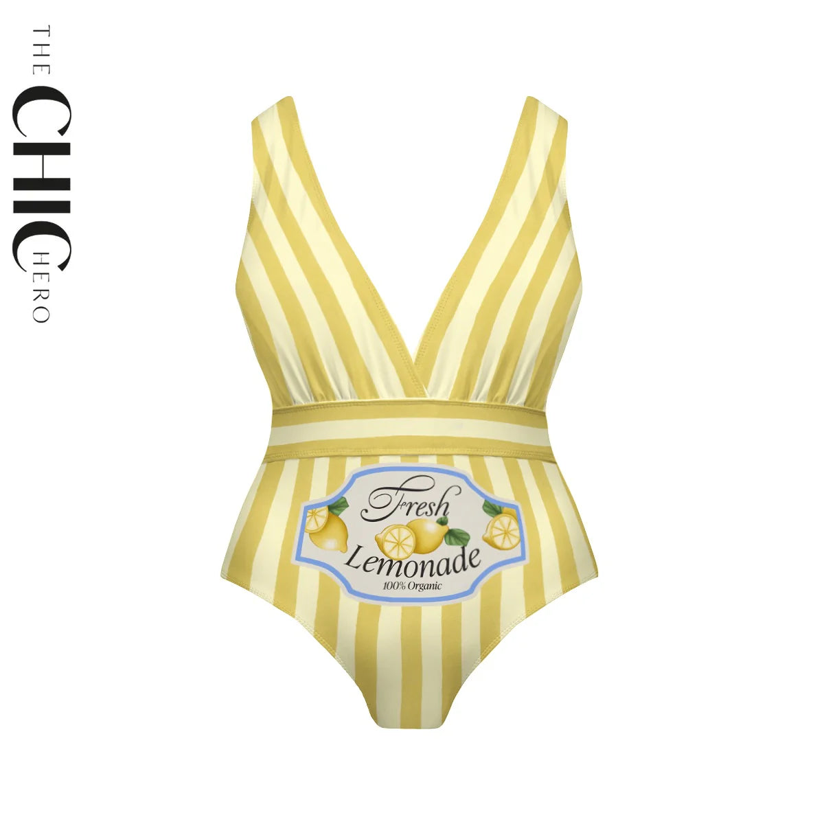 V Neck Retro Yellow Stripe Citrus Lemonade Print Swimsuit&Skirt&Pants