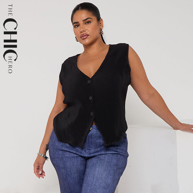 Women's Plus Size Casual Black Button-Front Sleeveless Vest Top