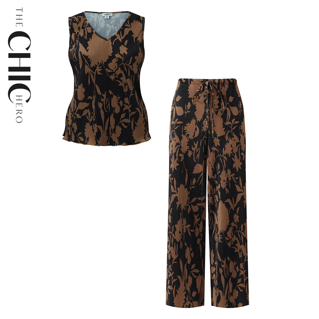 Vintage Brown Maple Leaf Pattern V-Neck Vest Top & Pleated Pants