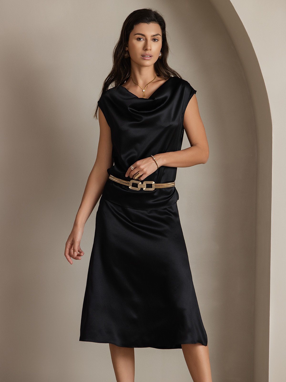 19Momme Silk Cap Sleeve Cowl Neck Tank Top/Blouse