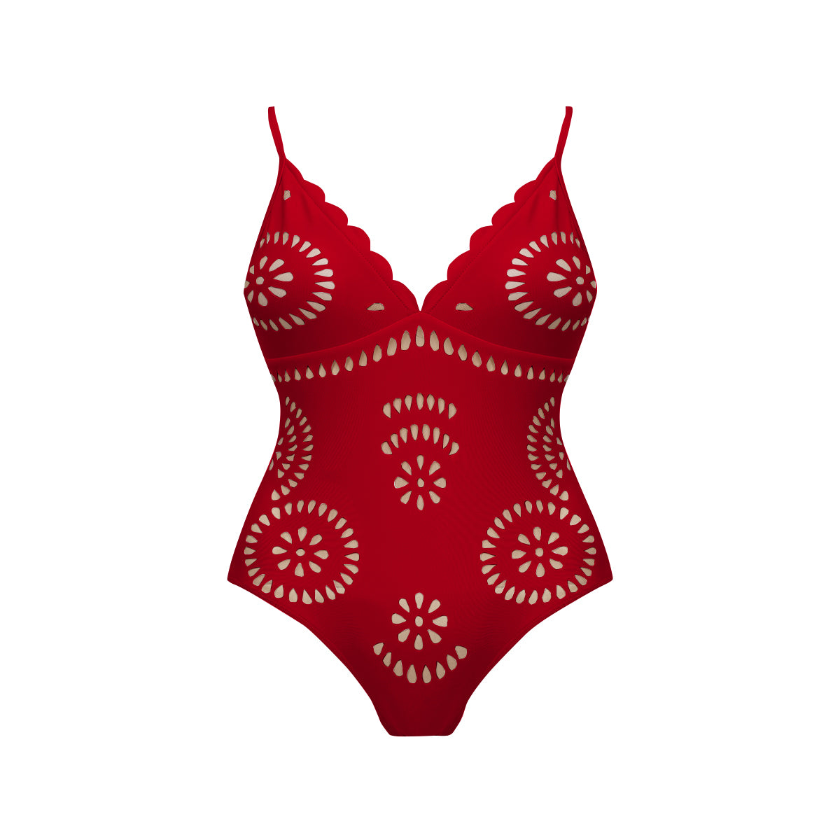 Red Scalloped Hollow Sexy One-Piece Swimsuit&Skirt