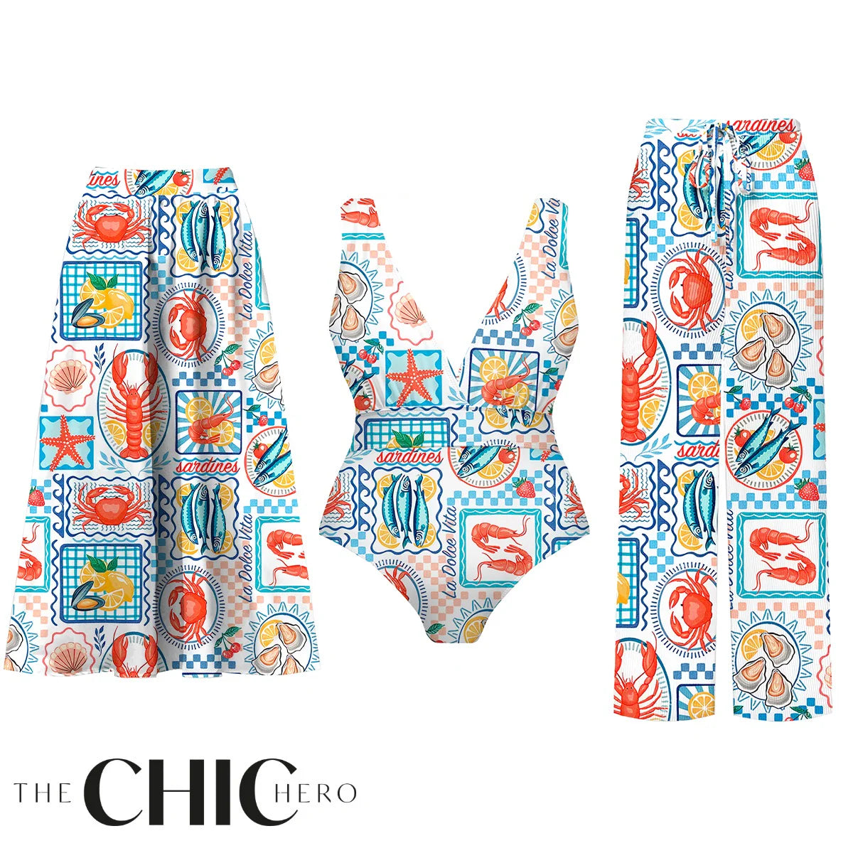 Ocean-Inspired Retro Sardine & Lobster One-Piece Swimsuit&Skirt&Pants