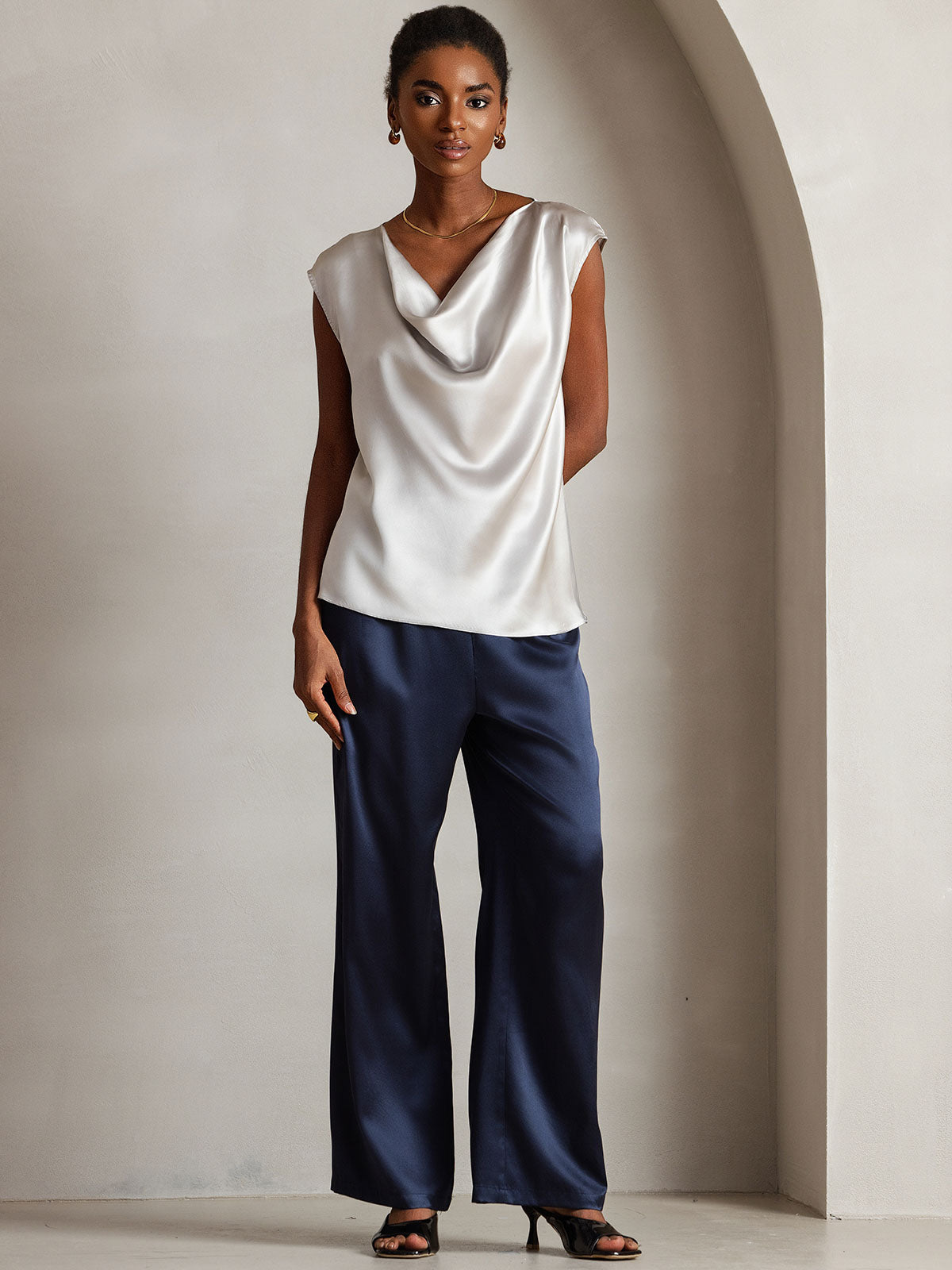 19Momme Silk Cowl Neck Cap Sleeve Blouse