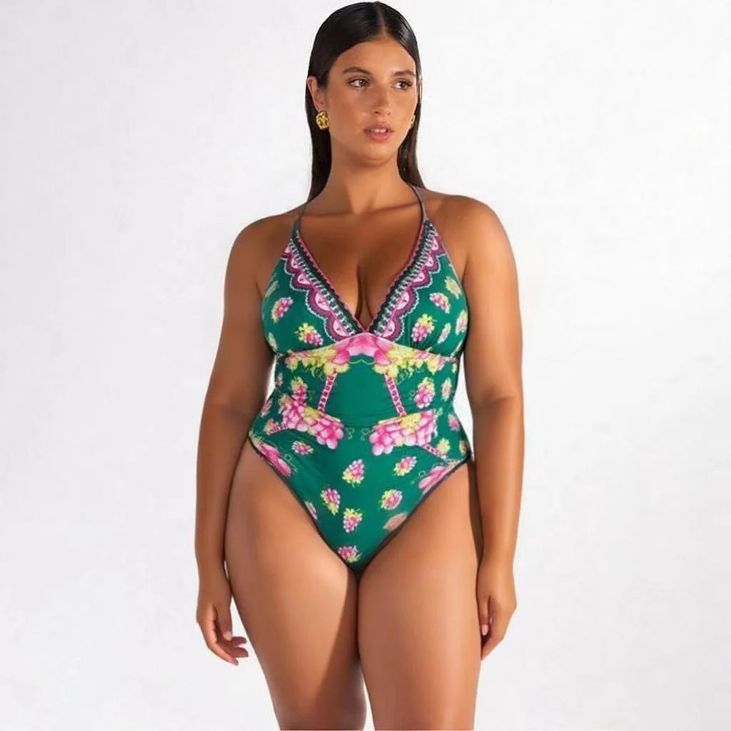 Green Grape Blossom Tropical Vineyard V-Neck Swimsuit & Skirt