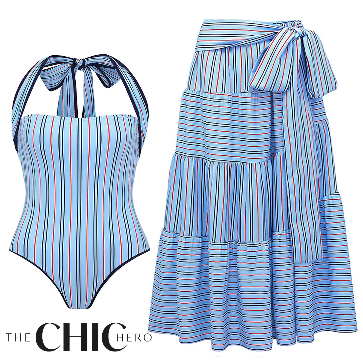 Nautical Inspired Striped Halter Neck One-Piece Swimsuit&Skirt