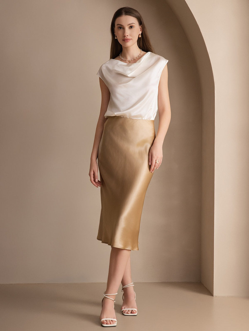 19Momme Silk Cap Sleeve Cowl Neck Tank Top/Blouse