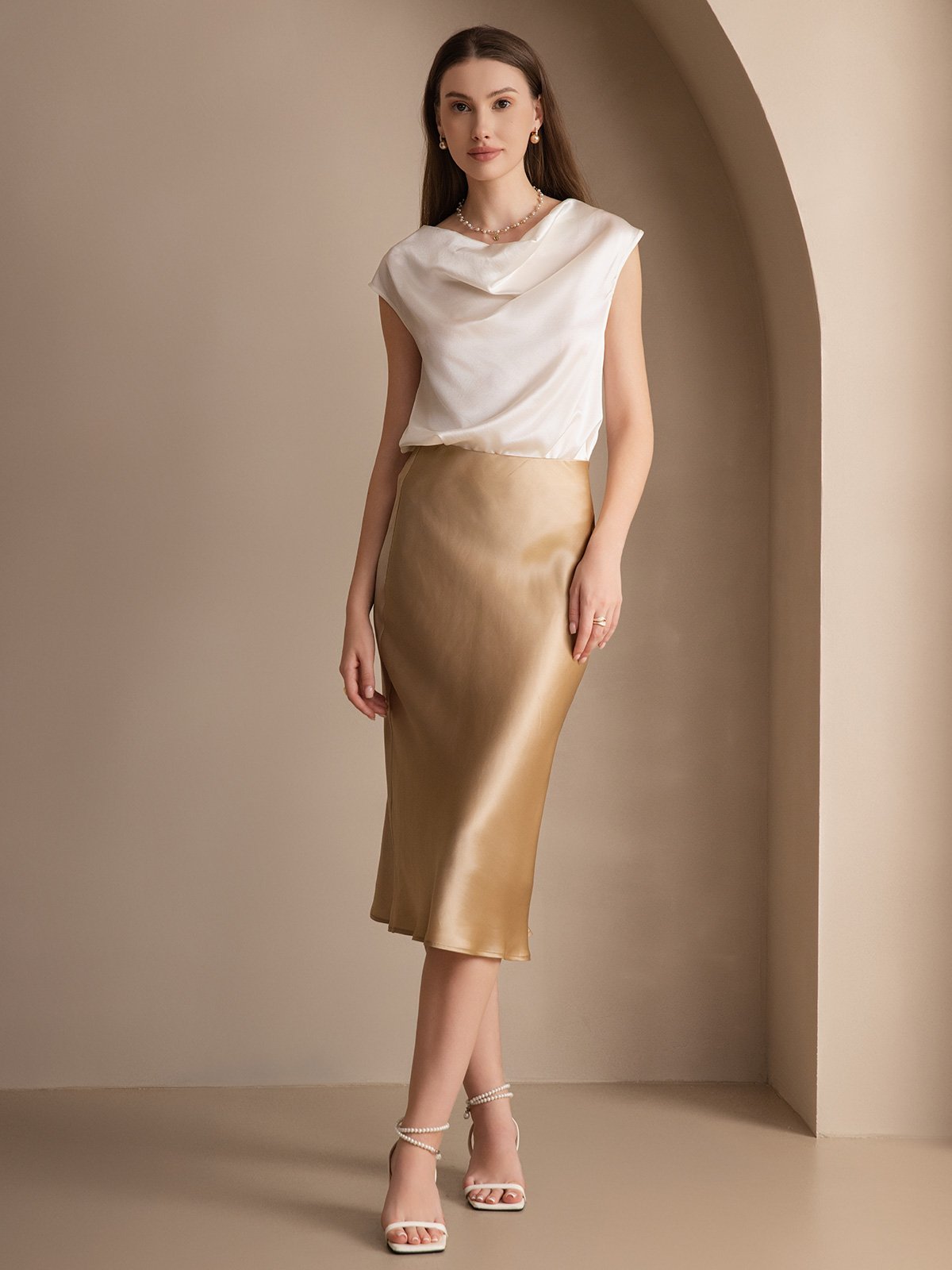 19Momme Silk Cap Sleeve Cowl Neck Tank Top/Blouse