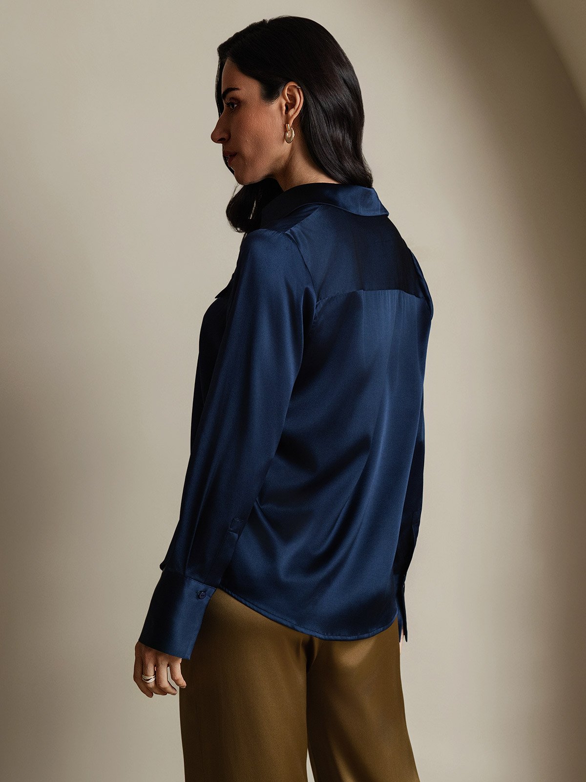 Women's 19Momme Silk Long Sleeve Lapel Collar Military Shirt