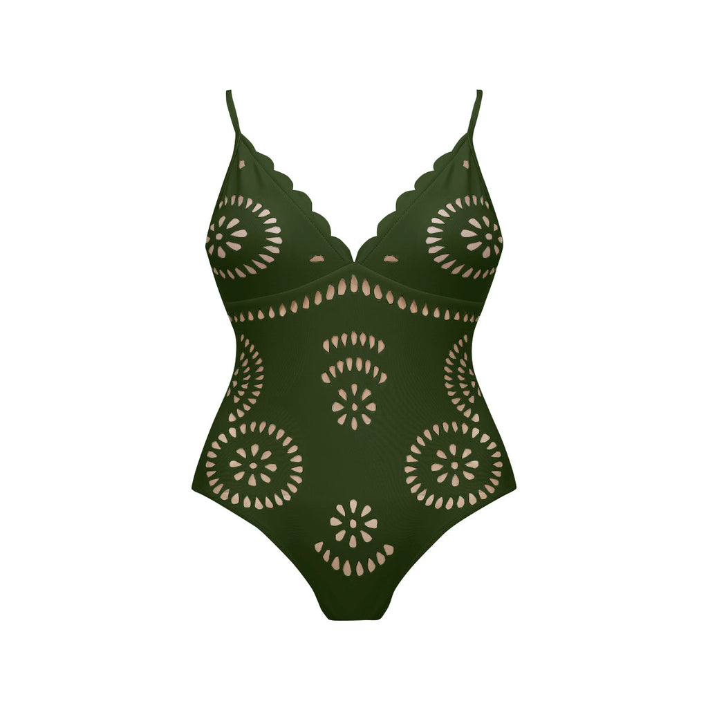 Green Scalloped Hollow Sexy One-Piece Swimsuit&Skirt