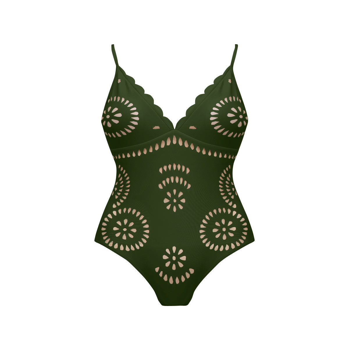 Green Scalloped Hollow Sexy One-Piece Swimsuit&Skirt