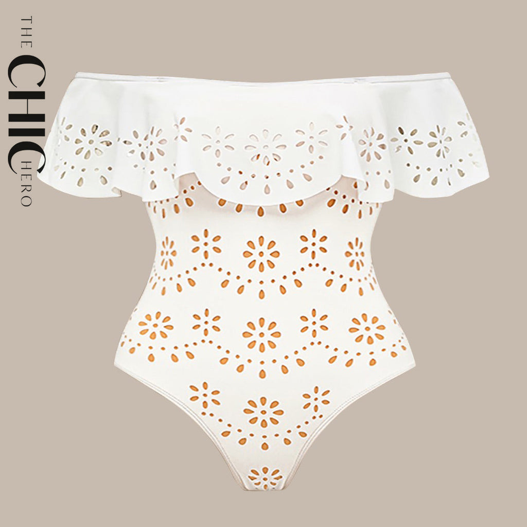 White Off Shoulder Swimsuit Flounce Ruffled One-Piece Swimsuit&Skirt