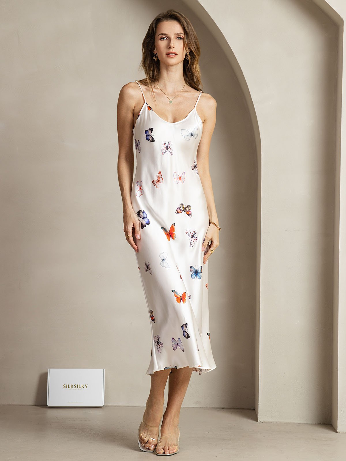 19Momme Silk V Neck Adjustable Strap Midi Dress