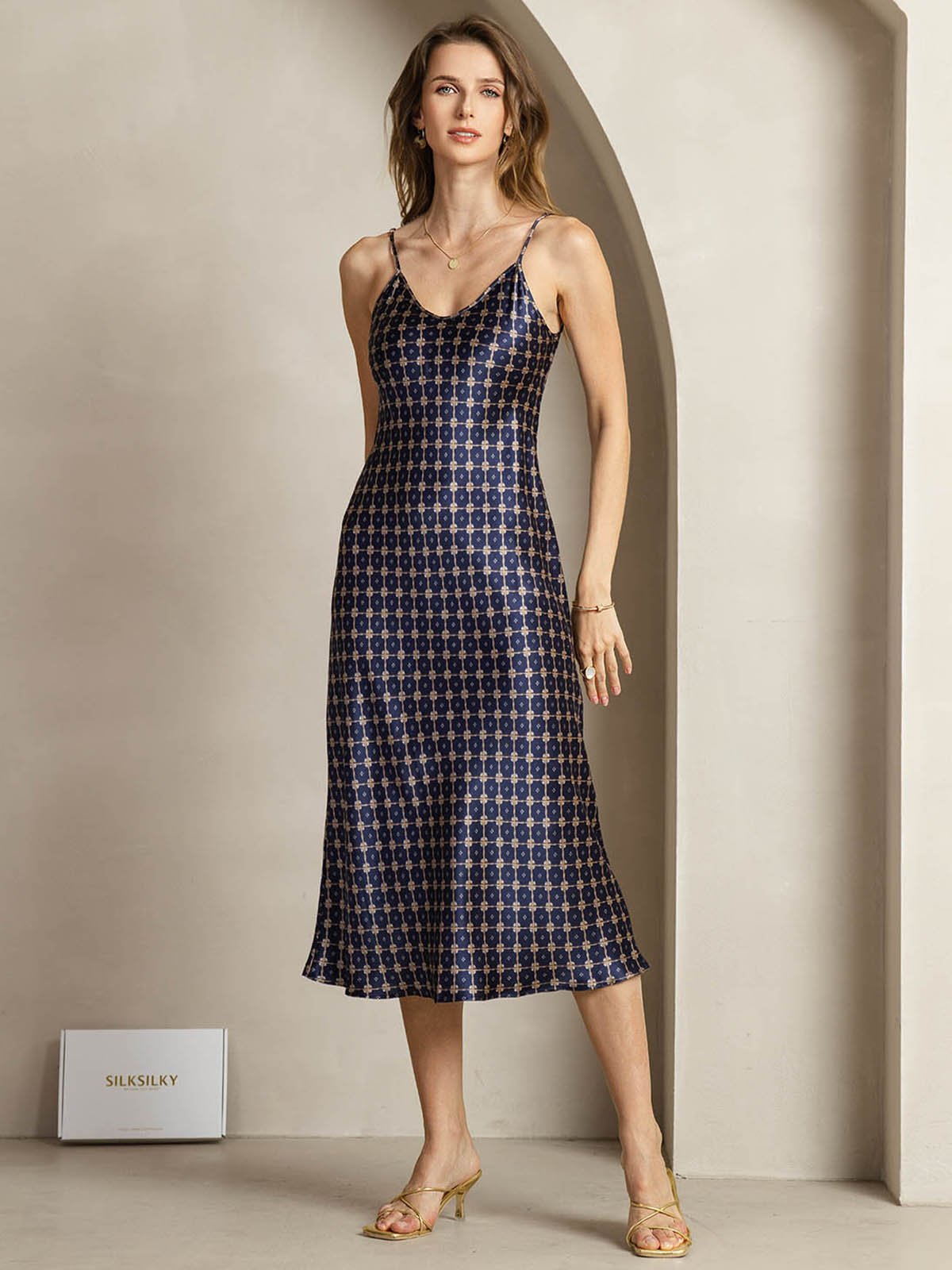 19Momme Silk V Neck Adjustable Strap Midi Dress