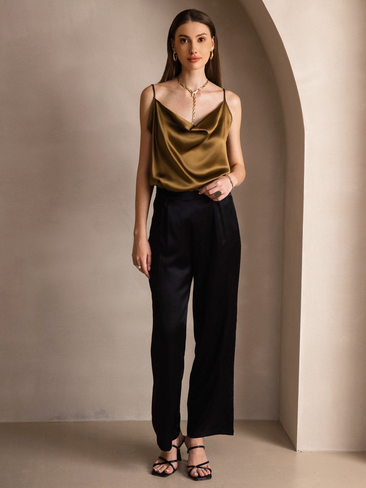 19Momme Silk Spaghetti Strap Cowl Neck Camisole Top