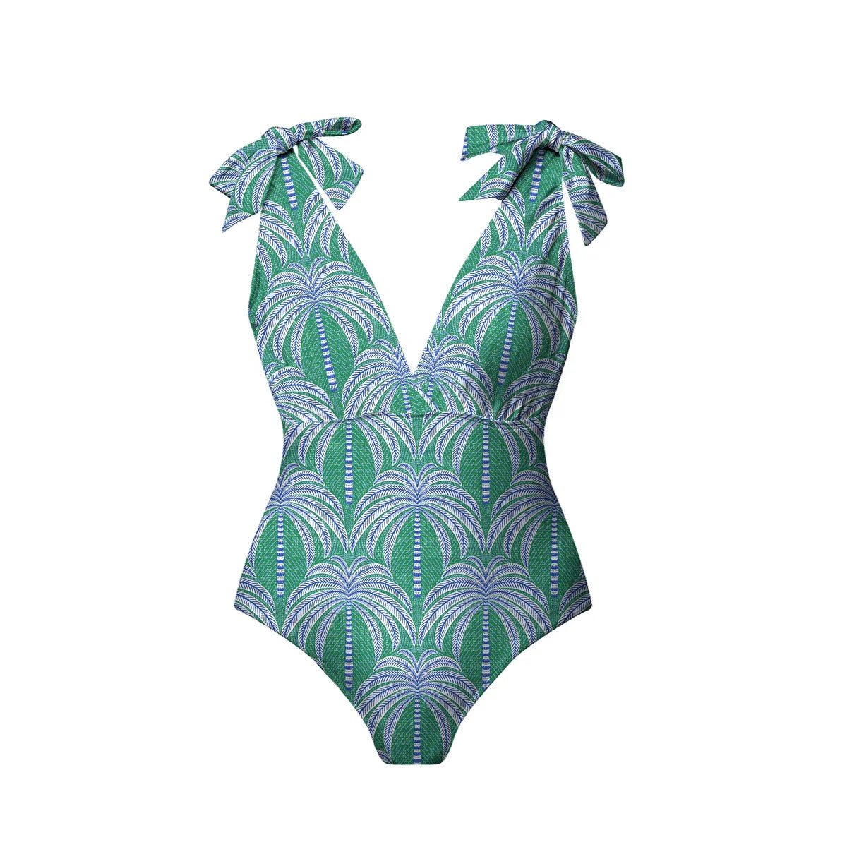 Green Palm Leaf Print and Bow One-Piece Swimsuit&Pants