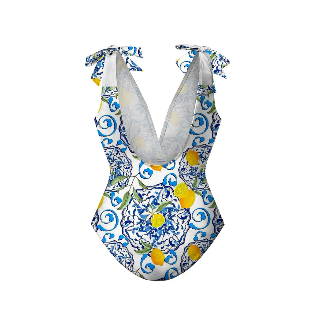 Lemon Motifs Blue Scrollwork Ornate Print One-Piece Swimsuit&Pants