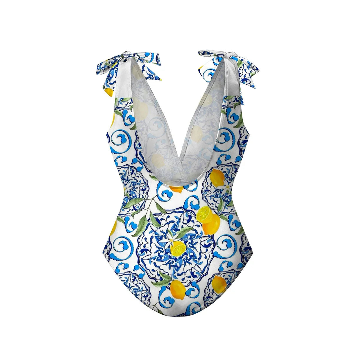 Lemon Motifs Blue Scrollwork Ornate Print One-Piece Swimsuit&Pants