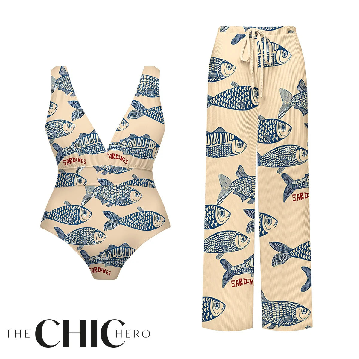 Nautical Sketch Sardine Print One-Piece Swimsuit&Pants