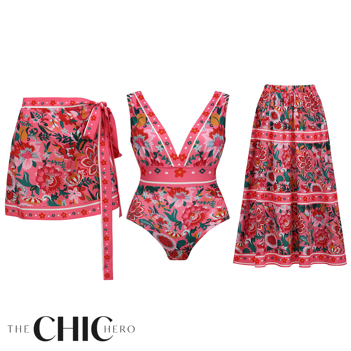 Pink Elegant Floral Patterns 3-Piece Set Swimsuit&Skirt