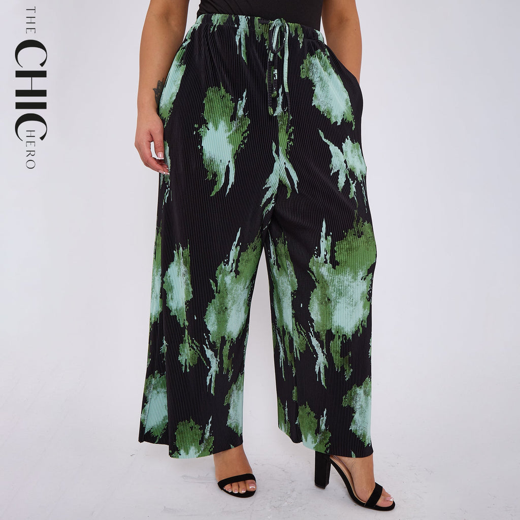 Abstract Green Black Print Wide-Leg Drawstring Pants Palazzo Pleated Pants With Pockets