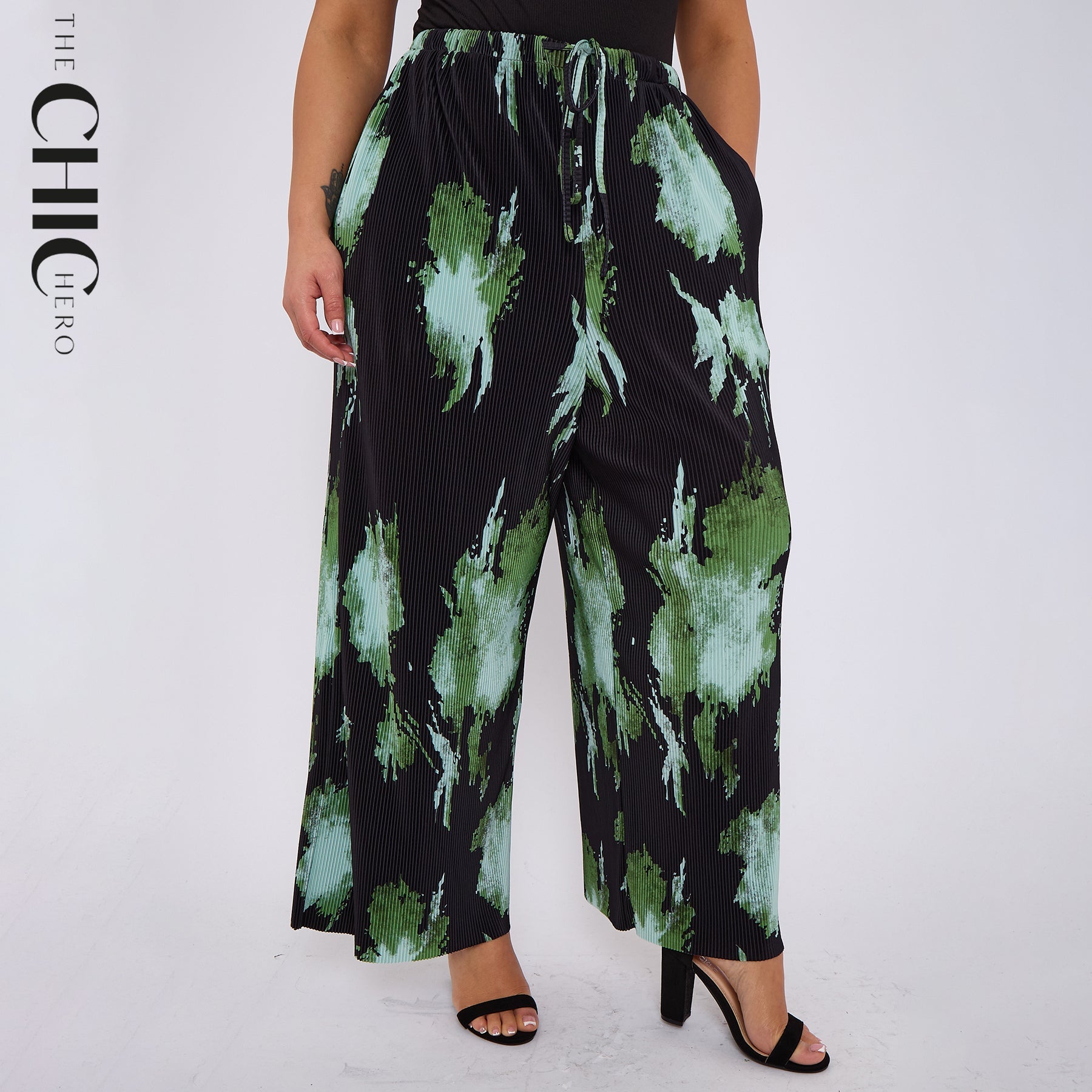 Abstract Green Black Print Wide-Leg Drawstring Pants Palazzo Pleated Pants With Pockets
