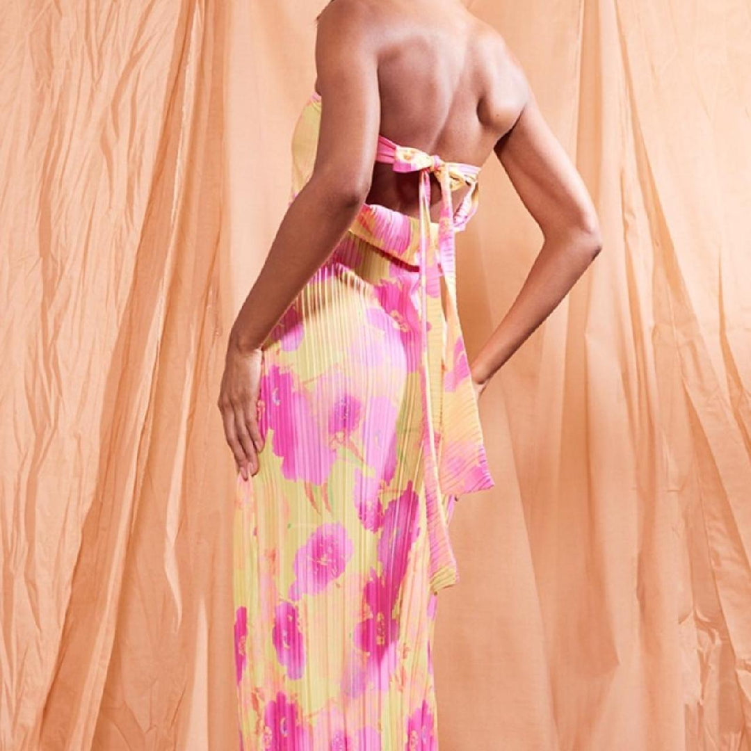Floral Print Pleated Tie Back Strapless Maxi Dress